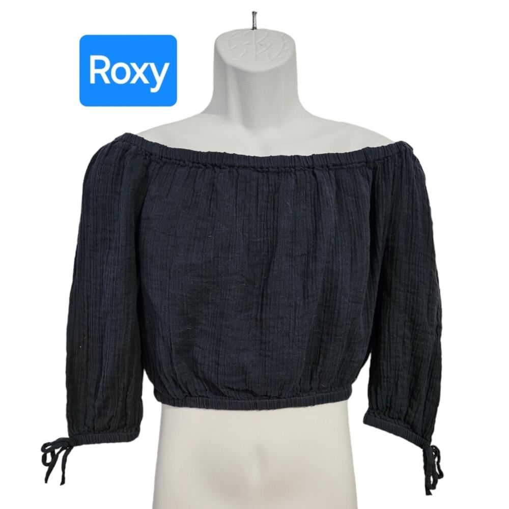 ROXY Woman's navy blue crop top Wide neckline Off the shoulder sz. Med